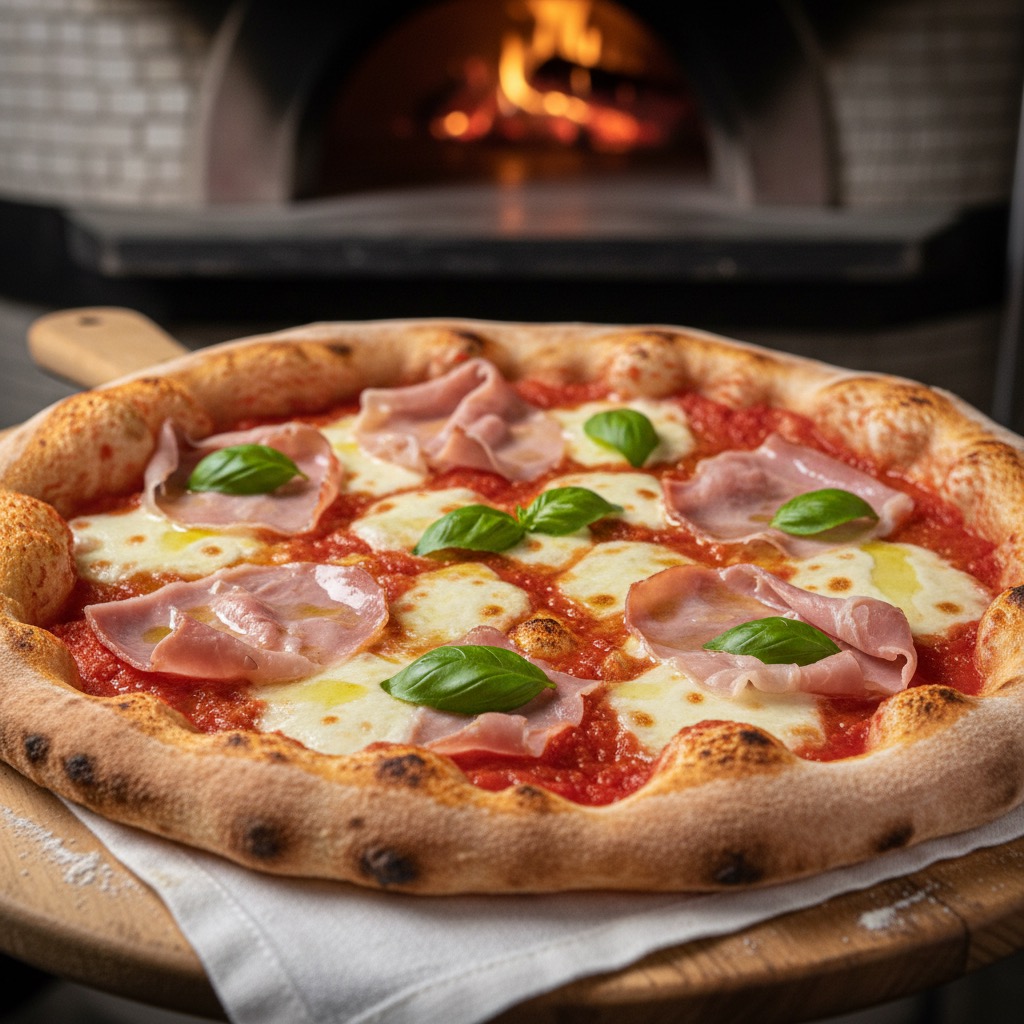 Een versgebakken pizza met ham, mozzarella en basilicum op een houten plank voor een houtoven.